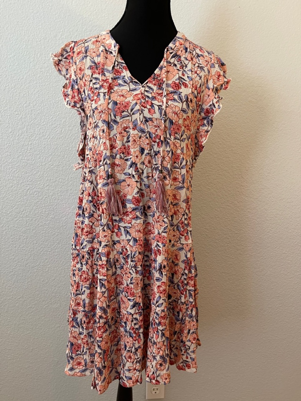 Knox Rose Peach and Navy Floral Ruffle Sleeve Mini Dress